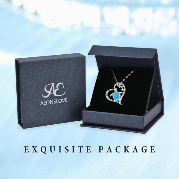 925 Sterling Silver Turtle Necklace with Heart Blue Opal Ocean Jewelry for Women - Picture 6 of 8